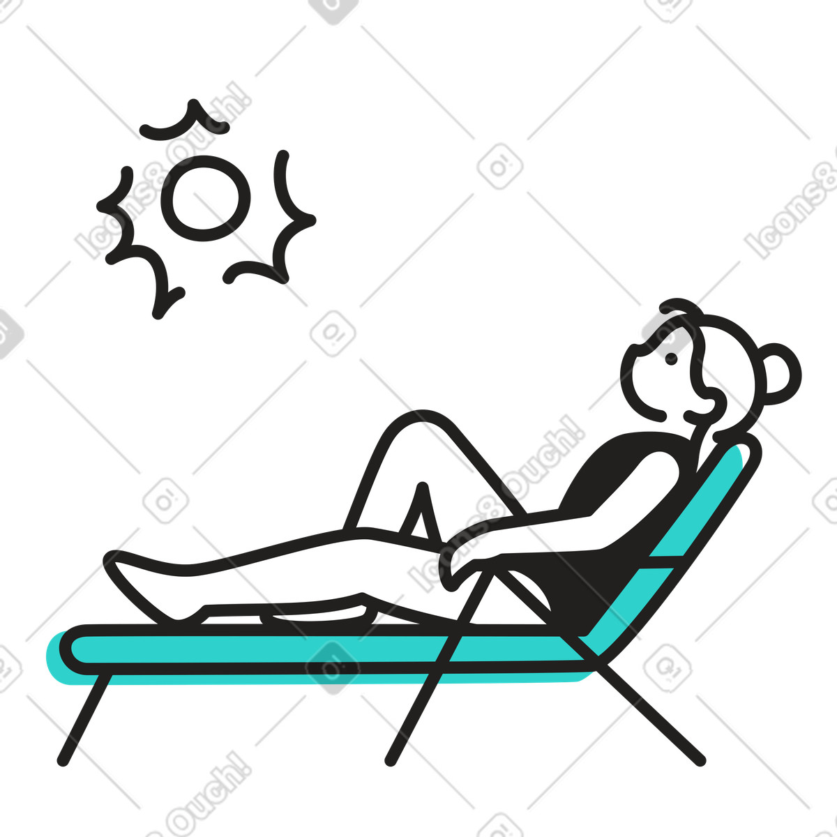 Illustration Femme prenant un bain de soleil sur une chaise longue pendant les vacances dans le style Little à télécharger aux formats PNG, SVG