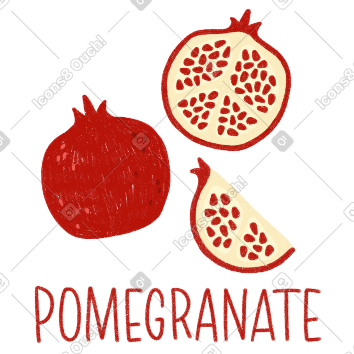 Ilustración Granada, media granada y un trozo de con letras en estilo Cozy a descargar en PNG SVG