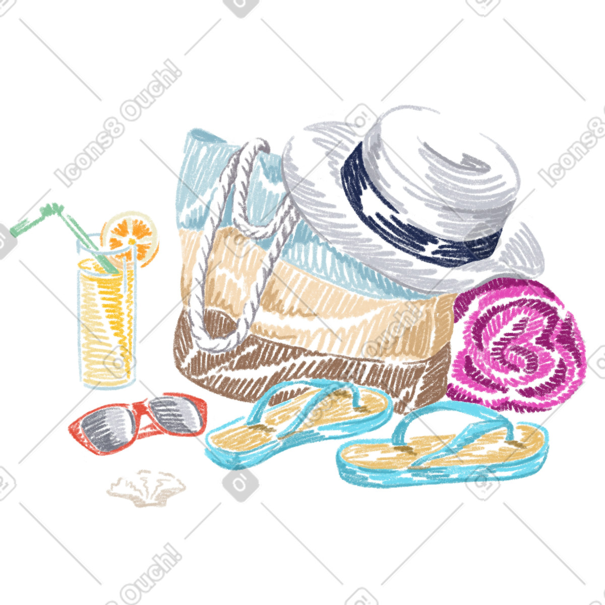 Beach essentials: sun hat, flip flops, towel, etc. illustration in Sketchbook style download in PNG, SVG