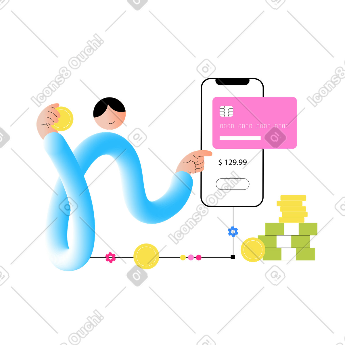 Ilustração de Jovem usando serviços bancários on-line em no estilo Knotty para baixar em PNG, SVG