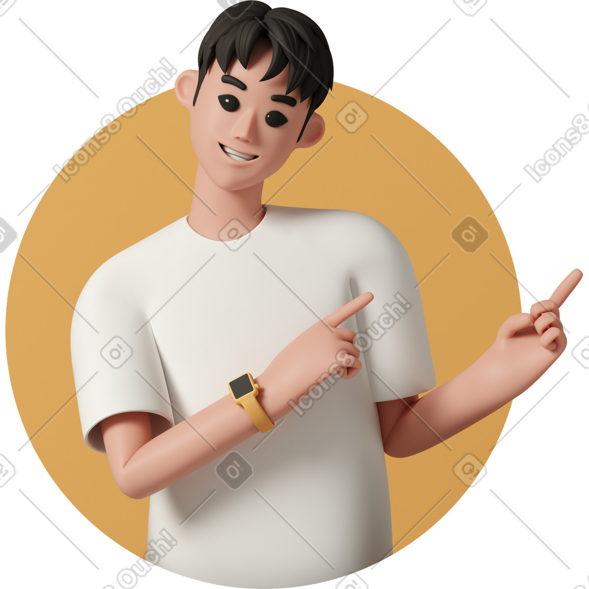 下载 3D Casual life 风格的 Young smiling man points with fingers to right side 插画，支持 PNG、SVG 格式