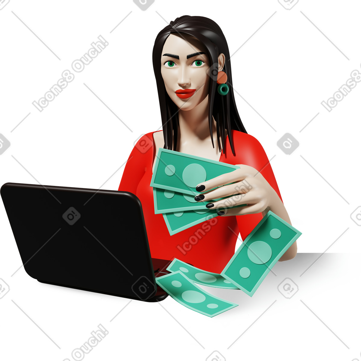 Donna sorridente con computer portatile e soldi illustrazione in stile 3D Plastic people scarica in PNG, SVG
