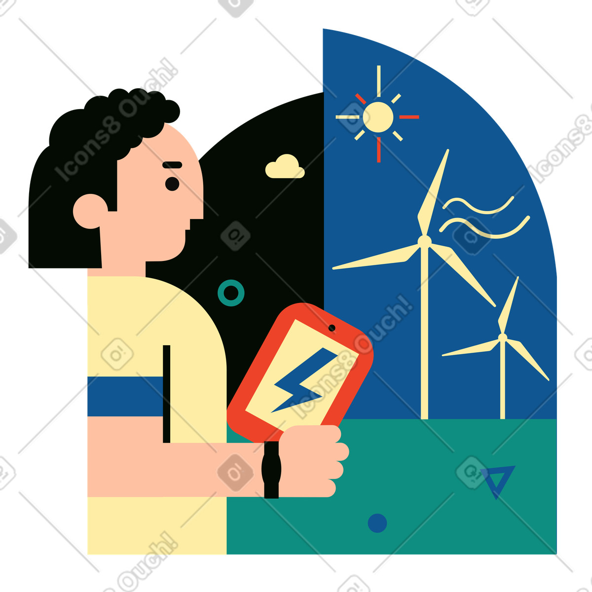 Man using wind turbines to generate energy illustration in Polar style download in PNG, SVG