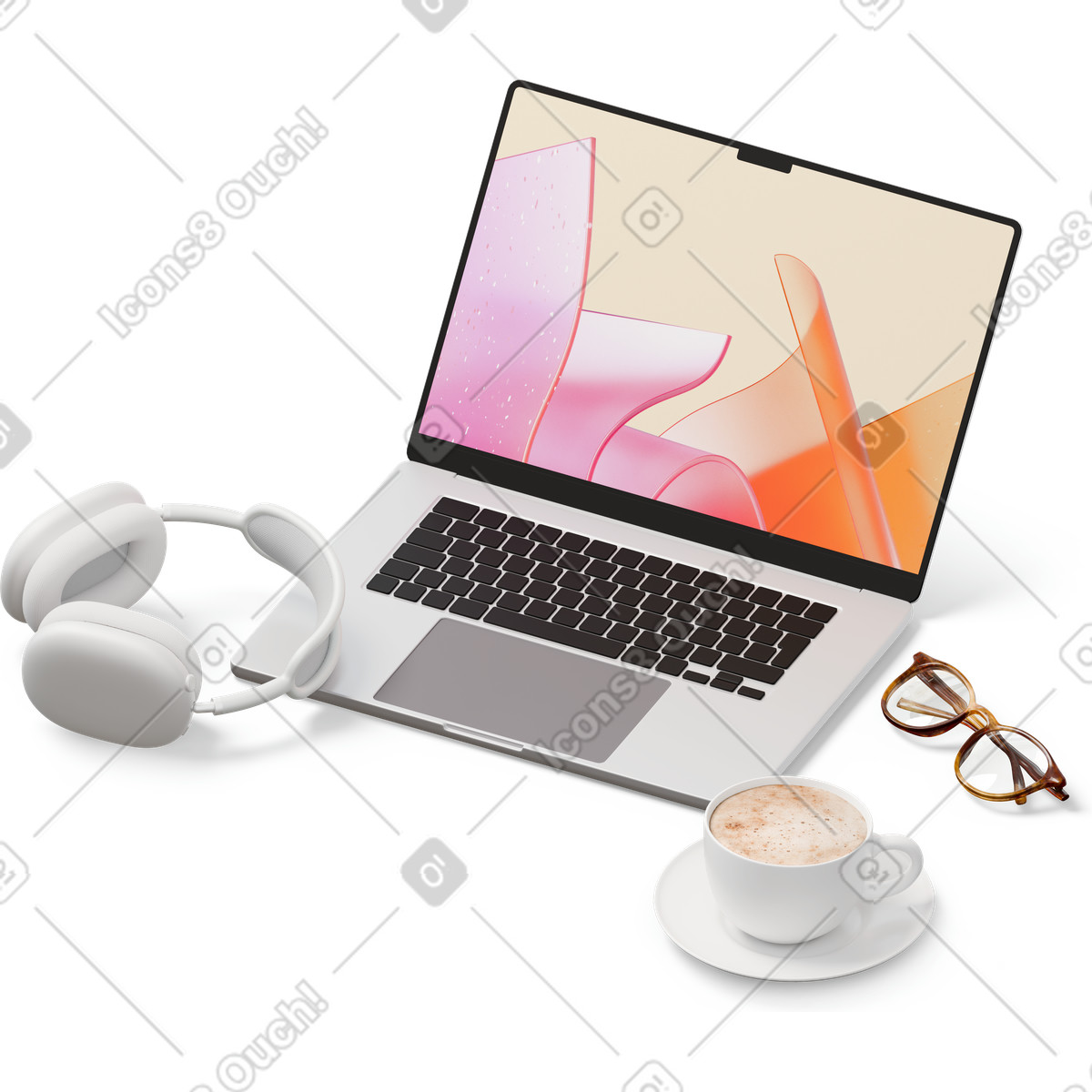 Isometrische ansicht von laptop, kopfhörern, tasse kaffee, brille-Illustration im 3D Hygge-Stil als Download in PNG, SVG