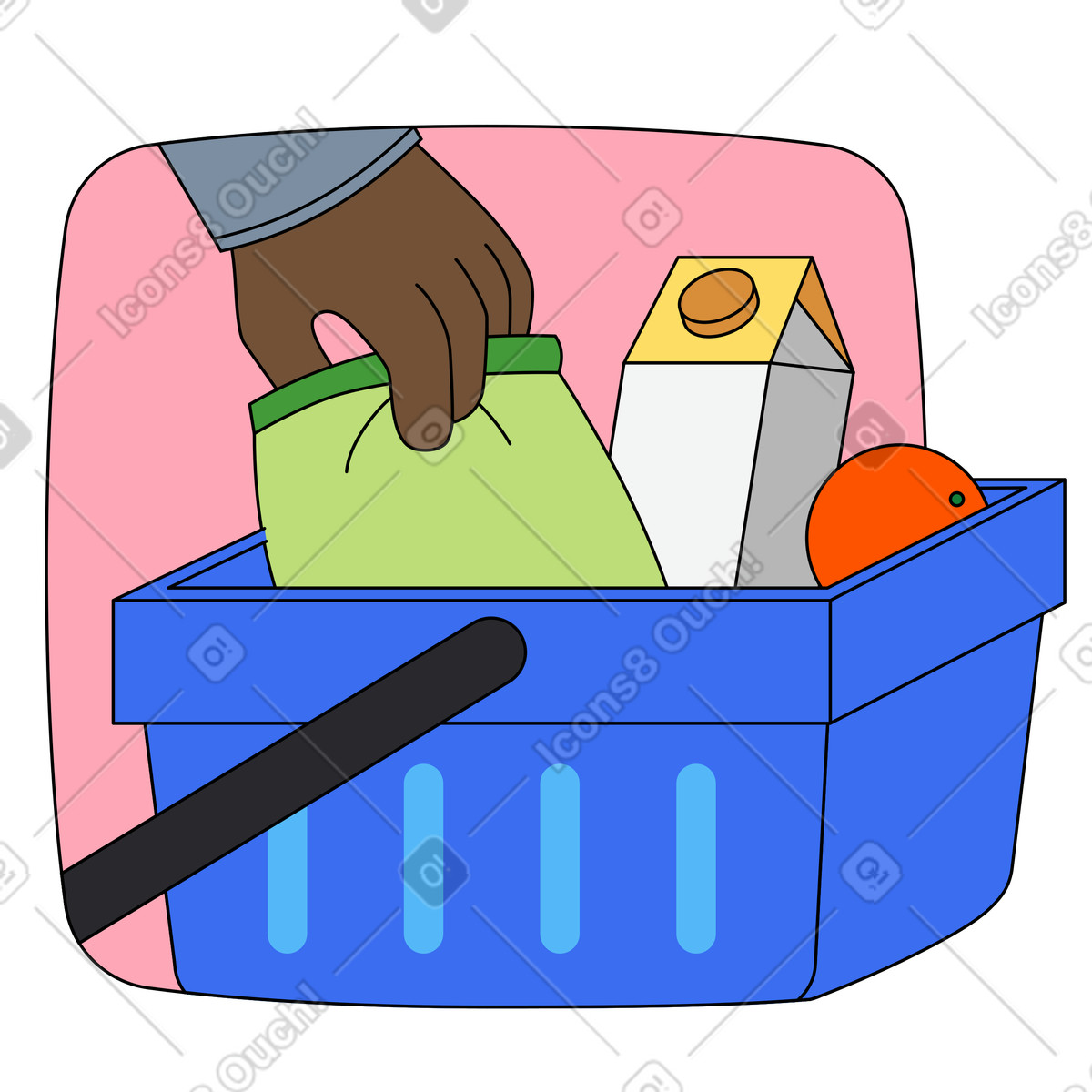 Den einkaufskorb mit lebensmitteln füllen-Illustration im Kindy-Stil als Download in PNG, SVG