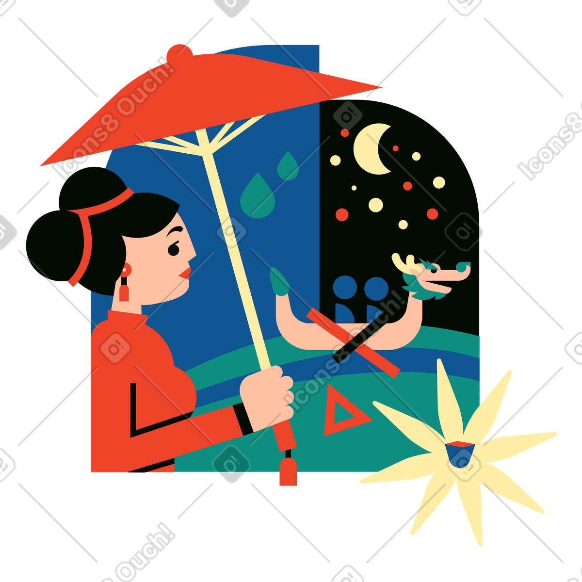 下载 Polar 风格的 女人在伞下行走，背景是龙船 插画，支持 PNG、SVG 格式