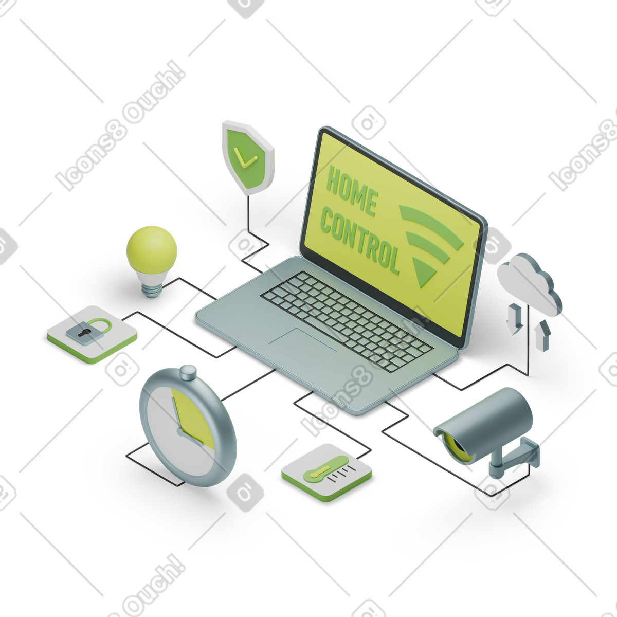 Smart home control via laptop, Remote monitoring and IoT integration illustration in 3D Isometric style download in PNG, SVG