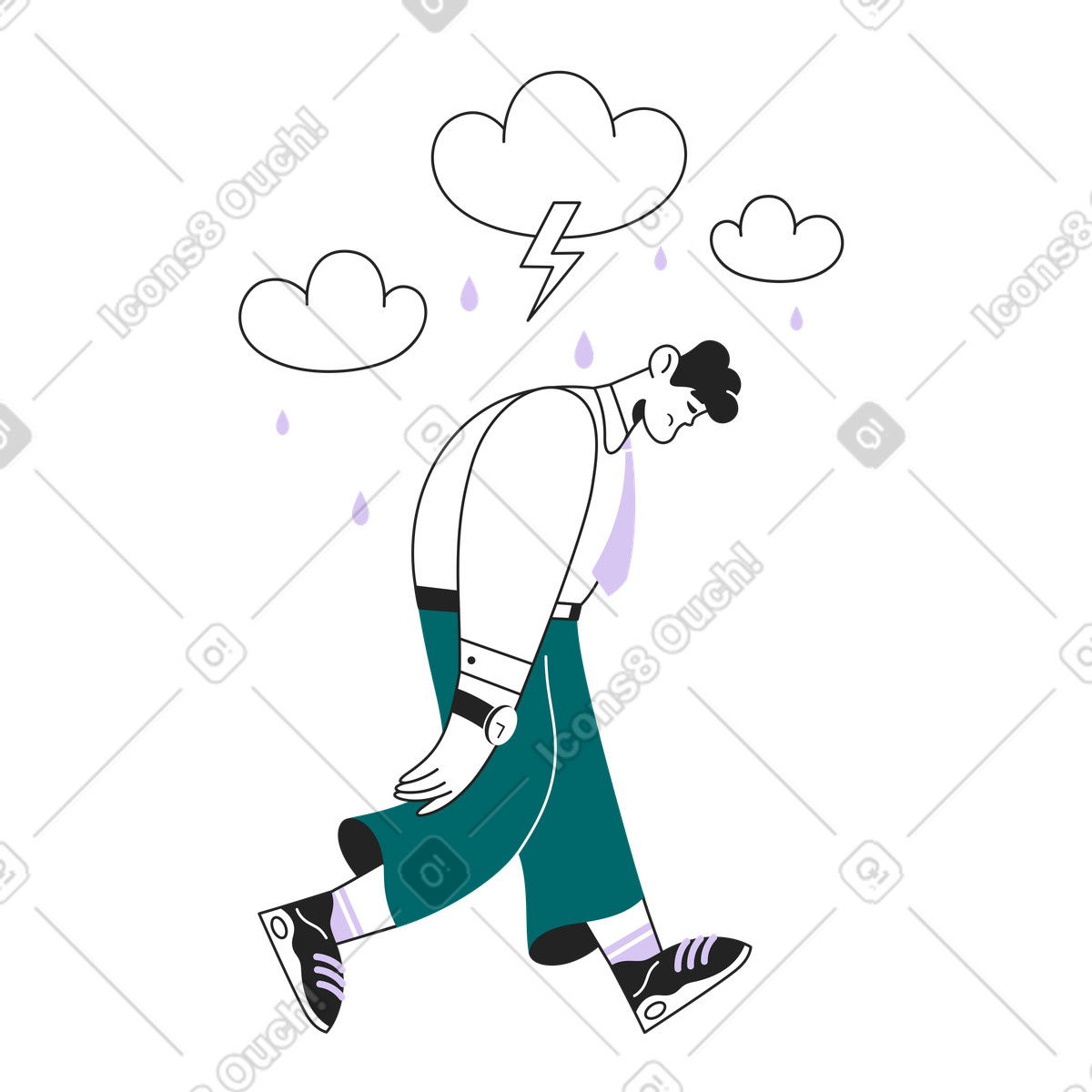 L'uomo triste cammina sotto la pioggia illustrazione in stile Sammy Line scarica in PNG, SVG
