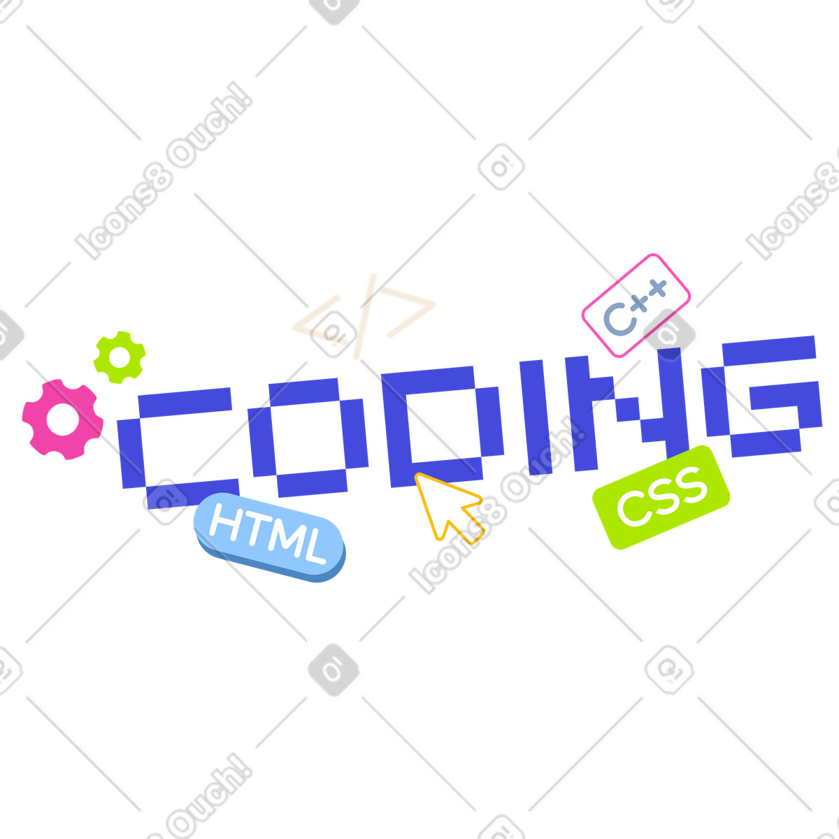 Lettering coding with gears and code sign text illustration in PNG, SVG