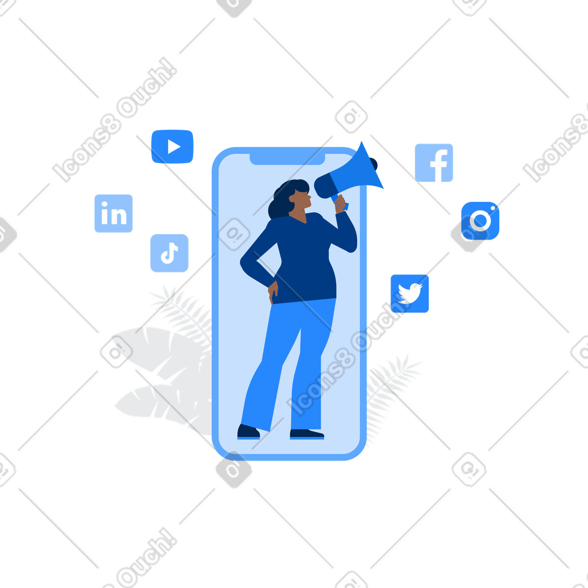 下载 Urban 风格的 Person making public announcement from smartphone, online brand awareness and digital marketing 插画，支持 PNG、SVG 格式