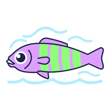 A green-and-purple illustration of a fishing lure designed for catching striped bass. The lure has a streamlined body with a vivid pattern featuring alternating green and purple stripes. It is equipped with two sharp treble hooks at the rear, and a pair of realistic reflective eyes on the front. The body of the lure tapers towards the back, enhancing its hydrodynamics for effective use in the water. Surrounding the lure is a subtle depiction of rippling water to signify its aquatic environment.
