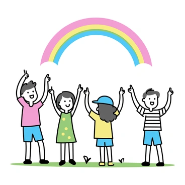 A vibrant rainbow arches across the sky above a grassy landscape. Below the rainbow, a group of children stands together, each with their arms outstretched, pointing up at the colorful arc. The children are dressed in a variety of clothing, with one boy wearing a red shirt and blue shorts, and a girl in a green dress with yellow polka dots. Another child wears a blue cap and a striped t-shirt. Each child has an expression of excitement and wonder as they focus on the rainbow, embodying a moment of joy and hope.