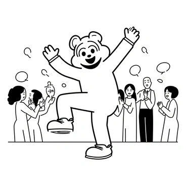 A playful mascot, dressed in a large, colorful suit resembling an animal, is performing a joyful dance on a stage. The mascot has oversized gloves and shoes, with a wide smile and bright, animated eyes. The crowd, consisting of various people, is clapping and laughing, their faces filled with excitement. In the background, there are banners and balloons, adding to the festive atmosphere. The mascot is striking a pose with one arm raised and its feet lifted off the ground, showcasing its energetic movement while entertaining the audience.