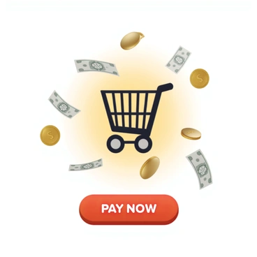 A digital shopping cart icon is prominently displayed in the center of the image. Surrounding the cart are various flying coins, including gold and silver, and a mix of paper bills in different denominations. The coins and bills appear to be swirling around the cart, creating a sense of movement. In the foreground, there is a bright, eye-catching "PAY NOW" button, designed with a bold color and a glossy finish, positioned beneath the cart. The background is a light gradient that enhances the vibrancy of the scene.