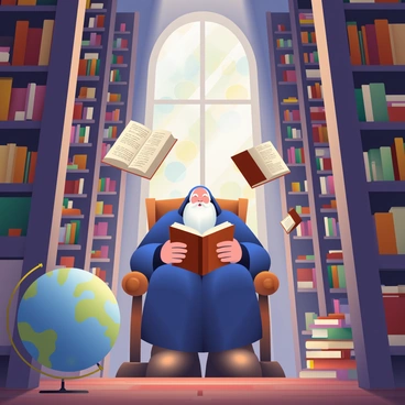 A large, dimly lit library features towering wooden shelves filled with ancient scrolls and leather-bound books. In the center, a wizard with a long white beard and a deep blue robe is sitting in an ornate wooden chair, engrossed in reading a large, open tome that hovers in front of him. Surrounding him, several books are levitating, their pages flipping as if stirred by an invisible wind. Soft, warm light streams through stained glass windows, casting colorful patterns on the wooden floor. A large globe sits nearby, partially illuminated, with intricate designs marking the oceans and continents.