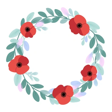 A circular wreath featuring entwined poppy flowers and green leaves. The poppy flowers are vibrant red with delicate petals, each bloom surrounded by leafy green foliage. The leaves are rich in texture and vary in size, adding depth to the wreath. The circular shape is symmetrical, highlighting the natural beauty of the flowers and leaves as they gracefully intertwine to form a stunning arrangement.