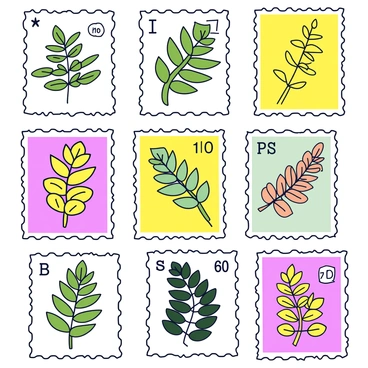 A collection of vintage postage stamps displayed in a neat grid layout. Each stamp features a unique design of various ferns, showcasing their intricate leaf patterns. The stamps are in different colors, including shades of green, yellow, and brown. Each stamp is bordered with a decorative outline and has a small denomination marked in the corner. The background is a soft, muted color that emphasizes the detailed designs of the ferns.
