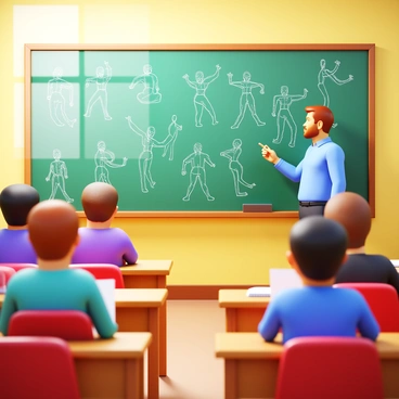A classroom setting featuring a lecture on gesture drawing. The instructor stands beside a chalkboard filled with quick sketches of human figures in dynamic poses. The sketches vary in size and style, capturing the fluidity and movement of the figures. Students are seated at desks, attentively observing the demonstration, with some taking notes. The atmosphere is focused and engaging, with natural light streaming in through windows. The chalkboard displays various annotated sketches, emphasizing key points of gesture drawing techniques.