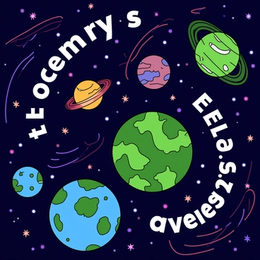 A colorful galaxy filled with swirling letters and words forming celestial bodies. The stars are made up of bright, luminous letters that shimmer against the dark background of space. Various planets appear to be composed of different words, each planet featuring unique textures and colors, such as a deep blue planet created from the word "ocean" and a vibrant green one shaped like "forest." The letters and words spiral gracefully, creating a dynamic and whimsical scene that captures the essence of a universe made from language.