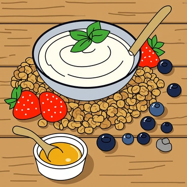 A wooden table is set with a healthy breakfast spread. There is a large bowl of creamy white yogurt in the center, surrounded by a generous serving of golden-brown granola. Fresh berries, including bright red strawberries, deep blue blueberries, and plump blackberries, are scattered artistically around the yogurt and granola. A small white dish holds honey, glistening under the natural light, and a wooden spoon rests beside it. The table has a rustic texture, enhancing the earthy feel of the breakfast. A few green mint leaves are placed atop the yogurt for a pop of color.
