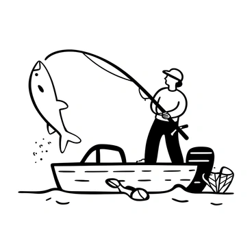 An angler with a fishing rod, standing on a small boat, is reeling in a large tarpon. The boat is gently rocking on the water, and fishing gear is scattered around. Ripples form on the water's surface as the tarpon splashes. The angler's hands grip the rod tightly, showing determination. An outboard motor is attached to the back of the boat, and a fishing net is ready nearby.