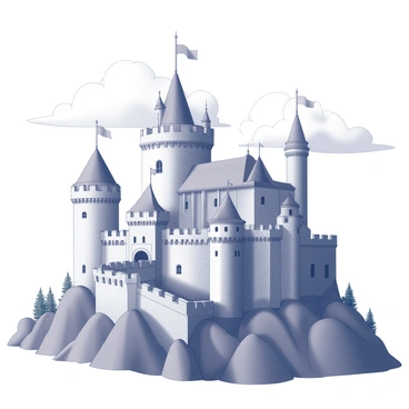 A large medieval castle situated atop a hill, showcasing tall stone walls and multiple towers. The castle features a drawbridge leading to the entrance, along with battlements outlining the structure. Several flags are prominently displayed on the towers, fluttering in the wind. The surrounding landscape consists of rolling hills and trees, adding to the height of the castle. The sky overhead has soft clouds that provide a dramatic backdrop to this imposing fortress.