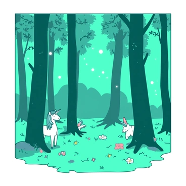 A teal forest filled with tall, slender trees whose leaves shimmer gently. Among the trees, there are small, white glowing orbs of light floating in the air, illuminating the surroundings. Various magical creatures, such as a small white unicorn and a teal fairy with delicate wings, peek out from behind the trunks and foliage. The forest floor is covered in lush, green moss, with colorful flowers scattered throughout, adding to the enchanting scene.