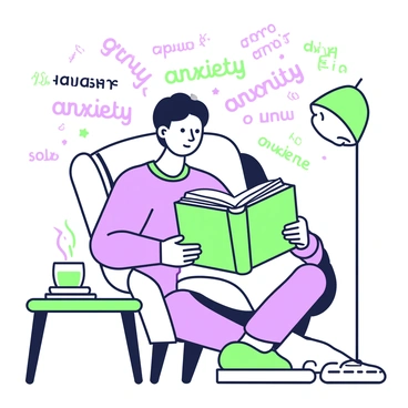 A person is sitting comfortably in a chair, focused on reading a book. The book is open in their lap, and various words and phrases representing anxiety are swirling out from the pages. These words appear to float in the air, encircling the reader. The person has a neutral expression, their brow slightly furrowed as they absorb the content. A small, green table next to them holds a steaming cup. In the background, there is a decorative lamp casting a soft glow.