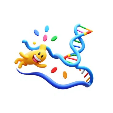 A cartoonish DNA polymerase with a smiling face and exaggerated features is happily hopping along a DNA strand. The DNA strand is represented as a twisting double helix in bright colors. As the polymerase moves, it leaves a colorful trail of nucleotides in various shapes and sizes, including adenine, thymine, cytosine, and guanine, each distinctly colored. The scene is lively and dynamic, showcasing the joyful motion of the polymerase in the process of DNA synthesis.