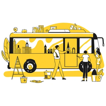 An illustrator is standing in front of a public transport vehicle in Philadelphia, focusing on a large side panel. The illustrator is holding a paintbrush and palette, applying bold yellow and black designs to the surface. Around the vehicle, various sketches and drafts of the illustrations are scattered, showcasing different design ideas. Nearby, a group of illustrators discusses their concepts, pointing at a mural that incorporates elements of the city's landmarks. The scene captures the energy of creativity in an urban environment, with people engaged in art and public transport coming together.