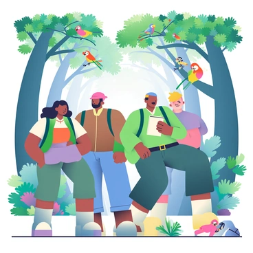 A group of four explorers is carefully navigating through a dense, lush rainforest. The explorers include a woman with dark hair wearing a green hiking jacket and a man with a beard in a brown shirt, both looking intently at their surroundings. One explorer is holding a notepad and pen, jotting down observations about the vibrant flora and fauna around them. In the background, towering trees with thick trunks and a canopy filled with various shades of green leaves create a rich tapestry overhead. Colorful birds can be seen perched on branches, while a small monkey swings nearby. Scattered throughout the scene are signs of potential deforestation, including cut tree stumps and fallen branches, highlighting the urgency of their documentation efforts.