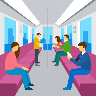 The interior of a metro train features passengers sitting and standing, some reading books, others looking at their phones, and a few chatting with each other. The train's poles are being held by commuters, while overhead lights illuminate the space. The seats have a mix of patterned upholstery, and the windows show a glimpse of the outside cityscape.