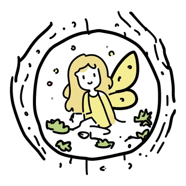A fairy with bark-textured wings is sitting inside a hollow tree. The fairy has long, flowing hair that blends with the tree’s natural colors. Her delicate features are highlighted by the dappled light filtering through the tree's opening. The interior of the hollow is adorned with small moss patches and tiny glowing orbs. The tree's rough, textured bark surrounds her, creating a natural frame for the scene.
