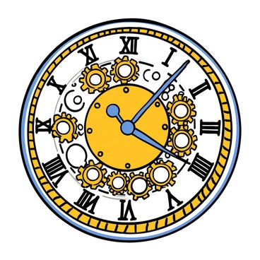 An intricate mechanical clock with numerous visible gears and cogs. The clock features a circular face with Roman numerals and ornate details etched around the edge. The gears are interlocking and vary in size, showcasing a complex system of mechanics. The clock hands are thin and elegant, pointing to the time on the clock face. The overall composition is detailed, emphasizing the precision of the clockwork mechanism.