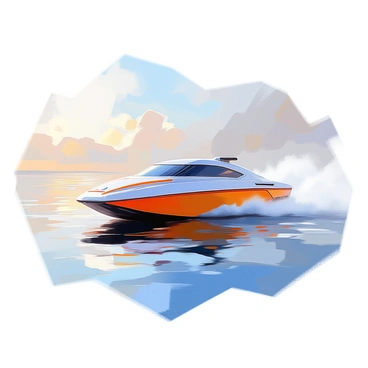 A sleek hydrofoil is gliding effortlessly above the calm water's surface, with its elongated hull and streamlined design catching the light. The water beneath it creates gentle ripples, reflecting the shimmering sunlight. In the background, a clear sky features a few soft, wispy clouds. The hydrofoil's foils emerge just below the surface, creating a sense of motion and grace as it cuts through the water.