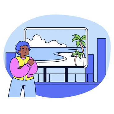 A person standing on a city rooftop, gazing at a large billboard that displays a vibrant tropical beach scene. The billboard features clear blue water, white sand, and palm trees swaying in the breeze. The individual has a thoughtful expression, with their arms crossed and a slight frown, symbolizing envy. The city skyline is visible in the background, with tall buildings and a dusky sky creating a stark contrast to the warm beach scene.