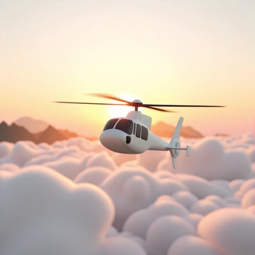 An R66 helicopter is flying smoothly through the sky as the sun begins to rise, casting a warm golden light across the landscape. The helicopter has a sleek design with a silver body and a dark rotor. Below, the horizon is filled with shades of orange and pink, while fluffy clouds are illuminated by the soft morning light. The blades of the helicopter are spinning rapidly, creating a slight blur as it glides forward. In the distance, silhouettes of mountains can be seen, adding depth to the tranquil scene.