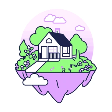 A floating island is suspended in the sky, with a small, quaint house on its surface. The house has a slanted roof and a front porch adorned with a railing. Surrounding the house is a lush garden, featuring various green plants and vibrant flowers arranged harmoniously. There are a few trees scattered throughout the garden, providing shade. The island is surrounded by fluffy clouds, and the sky is depicted with a gradient.