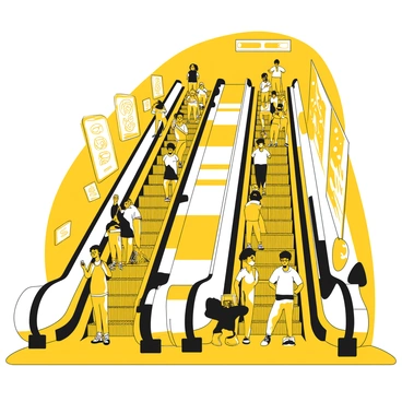 A group of commuters standing and riding on a long escalator that connects two levels of a metro station. The escalator is surrounded by walls adorned with various advertisements showcasing products and services. Some commuters are engrossed in their smartphones, while others are looking ahead. The escalator is busy, with multiple people visible in the scene, creating a sense of movement and activity. The lighting in the area is bright, illuminating the advertisements and the commuters.