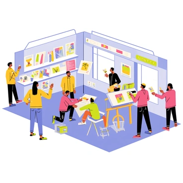 A state-of-the-art multimedia lab filled with students engaged in various art projects. Some students are using digital tablets to create vibrant illustrations while others are working with traditional paint on canvas. The room is equipped with large screens displaying their digital artwork. There are shelves filled with art supplies, including paintbrushes, easels, and sketchbooks. Bright overhead lights illuminate the space, enhancing the colorful art pieces that are in various stages of completion. A few students are gathered around a table discussing their techniques, while others focus intently on their individual projects.