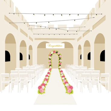 A grand castle courtyard with large stone walls and tall arched windows. The courtyard is filled with rows of white chairs arranged neatly for guests. A beautifully decorated aisle is marked with pink and white floral arrangements on either side. A large floral arch made of roses and greenery stands at the front, serving as the backdrop for the wedding. String lights are draped overhead, illuminating the space with a soft glow. Table settings with white tablecloths and elegant centerpieces are positioned around the courtyard, enhancing the festive atmosphere. Banners with the words "Congratulations" in gold script hang from the castle walls.