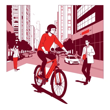 A red person wearing a black helmet is riding an electric bicycle along a bustling urban street. The bicycle is sleek and modern, with a shiny frame and visible battery. Surrounding the cyclist, there are tall buildings with large glass windows reflecting sunlight. People are walking on the sidewalks, some looking at their phones while others are chatting. In the background, there are parked cars and a few trees lining the street, creating a vibrant city atmosphere.