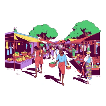 A vibrant African village market is filled with various colorful stalls displaying an array of goods. Shoppers are actively engaging with vendors, examining bright textiles, fruits, and handmade crafts. There are women wearing traditional attire, holding baskets filled with fresh produce, and children running between the stalls. In the background, there are trees providing shade, and the sky is clear, enhancing the lively atmosphere of the market.