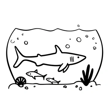 A mother shark swimming in the ocean, surrounded by bubbles. The water is clear, revealing a few live young sharks swimming closely beside her. Sand is visible on the ocean floor, along with scattered shells. Soft waves ripple through the water, creating a sense of movement. Light rays filter down from the surface, illuminating the scene.