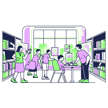 An art exhibit is taking place inside a local library. The interior features tall bookshelves filled with various books lining the walls. In the center, several pieces of artwork are displayed on easels and hanging on the walls. Patrons are scattered throughout the room, some standing in front of the artworks while others are sitting at tables, engaged in conversation or writing notes. One patron is leaning closer to examine a painting, while another is pointing at a sculpture with interest. Light filters in through large windows, casting shadows across the floor and illuminating the colorful artwork.