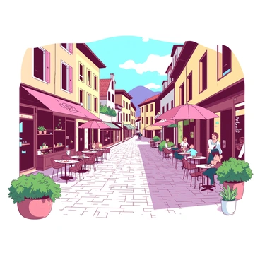 A quaint street in Grenoble is lined with charming boutiques and inviting cafes. The street has cobblestone pavement that reflects the sunlight, creating a warm atmosphere. On one side, there are small shops with colorful storefronts, each showcasing unique items and local crafts. On the opposite side, there are cafes with outdoor seating, where customers enjoy their drinks under vibrant umbrellas. Green potted plants are placed around the entrances of the boutiques and cafes, adding a touch of nature to the scene. In the background, the distant mountains frame the street, highlighting the picturesque setting.