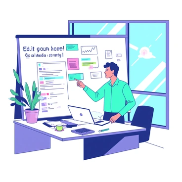 A bright office space features a young entrepreneur standing in front of a large whiteboard. The whiteboard is filled with colorful notes and diagrams outlining a social media strategy. The entrepreneur is wearing a teal shirt and has a focused expression, pointing at the notes with a marker in hand. There is a modern desk in the background with a laptop, a potted plant, and a coffee cup. Sunlight streams in through a large window, illuminating the office.