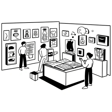 An art gallery space filled with various wooden display stands showcasing artistic book designs. The walls are lined with framed illustrations from different books, demonstrating intricate details and creativity. There are soft, ambient light sources illuminating the gallery, highlighting each artwork. A few patrons are interacting with the displays, examining the books closely and discussing the illustrations with one another. In one corner, a large table holds an open book, revealing its pages adorned with elaborate illustrations.