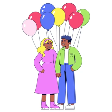A romantic couple standing together, smiling at each other. They are surrounded by a variety of colorful balloons in bright shades of red, blue, yellow, and green. The balloons are floating above them, creating a festive atmosphere. The couple is dressed in casual yet stylish clothing, with the woman wearing a flowing dress and the man in a simple shirt and pants. The scene captures a moment of joy and surprise, with the couple's expressions reflecting happiness.