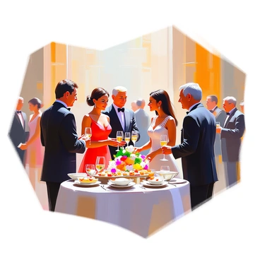 A group of international dignitaries is mingling at a sophisticated inauguration reception. The setting is an elegant hall adorned with lavish decorations, featuring soft lighting that creates a warm atmosphere. Several distinguished individuals, dressed in formal attire, are engaged in conversation, some holding glasses of champagne. A tall man with dark hair in a well-tailored suit is speaking animatedly with a woman wearing a stunning red dress. Nearby, another couple is exchanging polite smiles, a gentleman with graying hair and a bow tie standing beside a lady in an intricately designed gown. A grand table is set with an array of hors d'oeuvres, surrounded by floral arrangements that enhance the upscale ambiance. The scene conveys a sense of importance and celebration.
